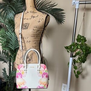 Calvin Klein White Floral Dome Crossbody Satchel with Pink & Peach Blooms
